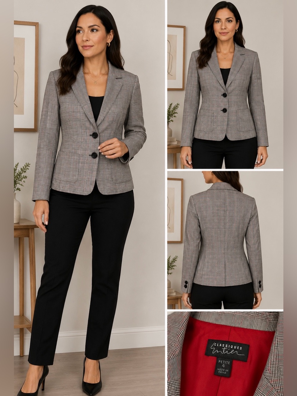 Classiques Entier Petite Plaid Blazer Gray Red Lined Size 4P